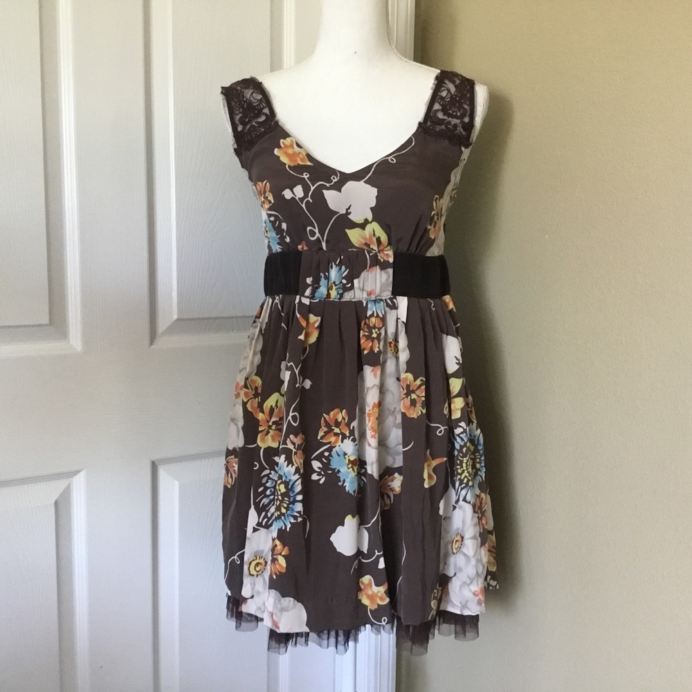 Free People Lace Strap Sleeveless Floral A-line Dress Brown Multi Tulle Trim